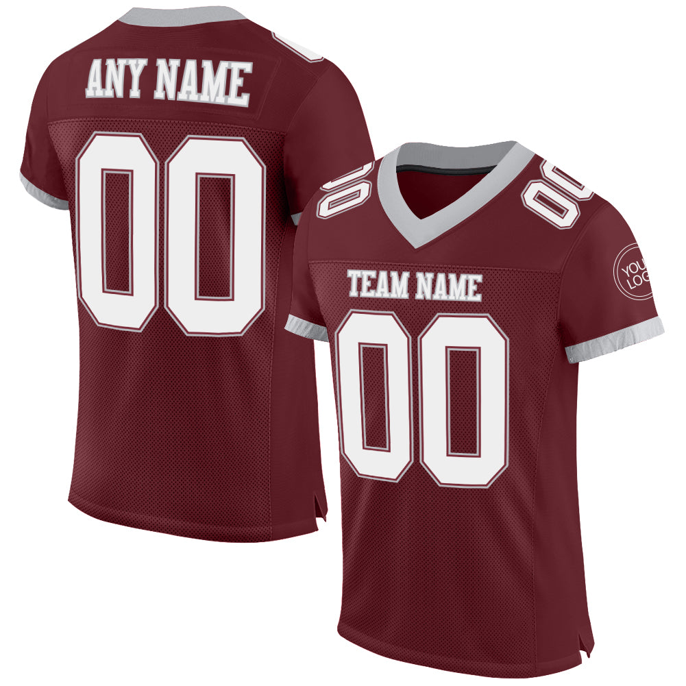 Personalized Burgundy White Gray Football Jersey - Custom Mesh Sports Uniform Personalized Burgundy White-Gray Mesh Football