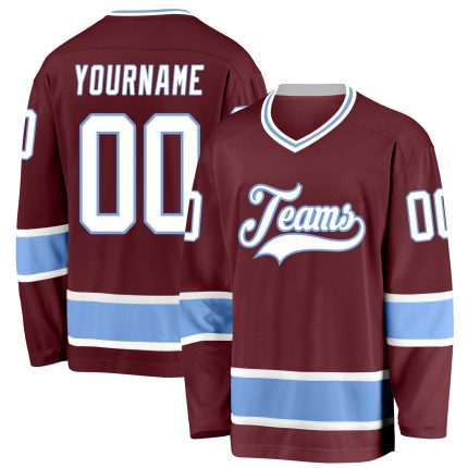 Personalized Burgundy and Light Blue Hockey Jersey for Custom Team Wear Personalized Burgundy White-Light Blue Hockey Jersey