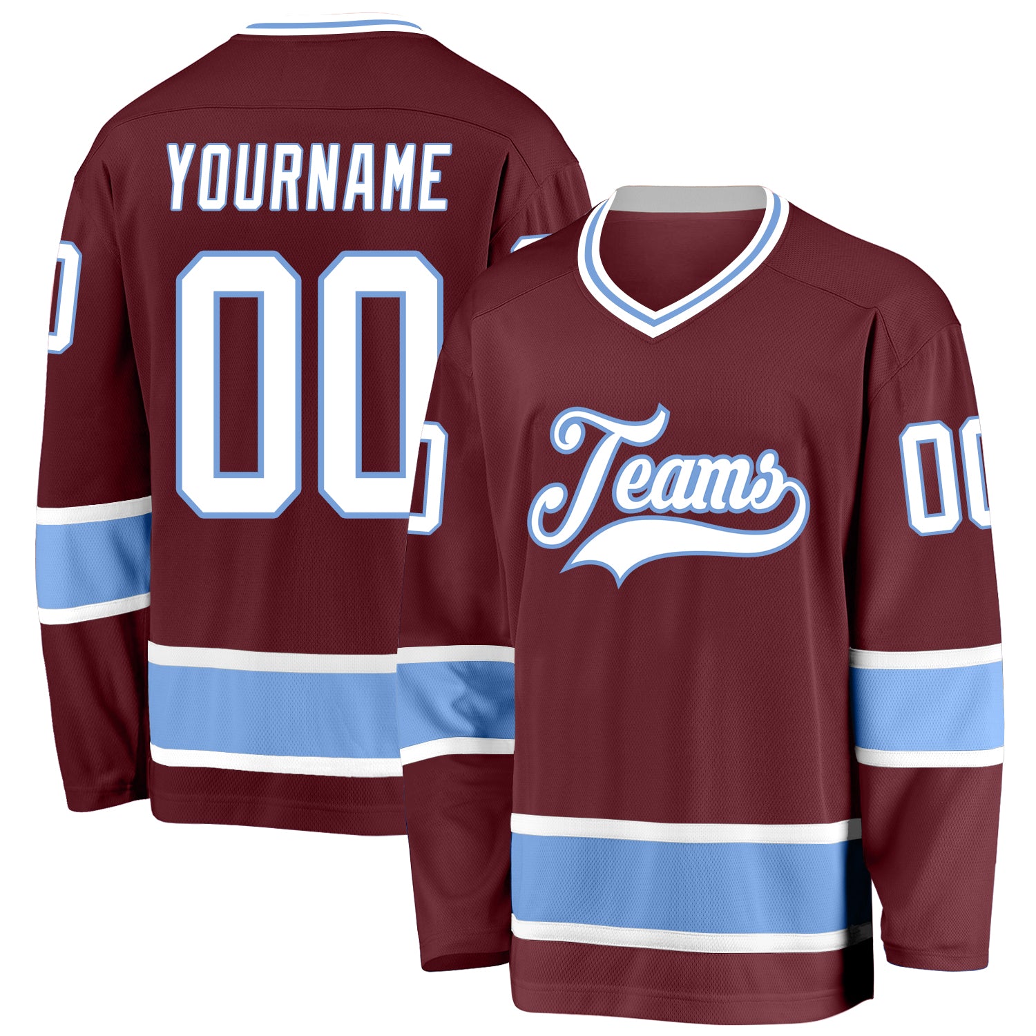 Custom Name and Number Personalized Burgundy and Light Blue Hockey Jersey Team Jersey Personalized Burgundy White-Light Blue