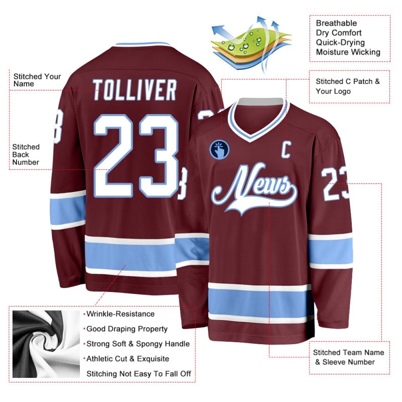 Custom Name and Number Personalized Burgundy and Light Blue Hockey Jersey Team Jersey Personalized Burgundy White-Light Blue