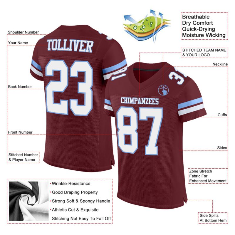 Custom Name and Number Authentic Football Jersey - Personalized Burgundy & Light Blue Mesh Team Jersey Personalized Burgundy