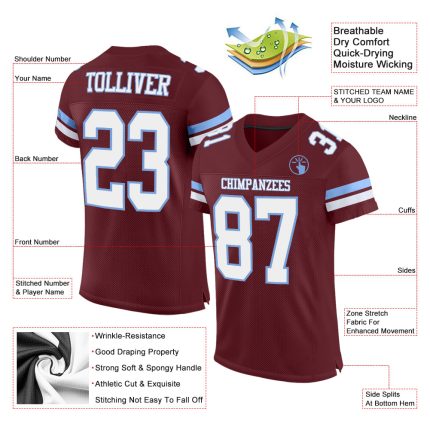 Personalized Burgundy Light Blue Mesh Football Jersey for Custom Team Apparel Personalized Burgundy White-Light Blue Mesh