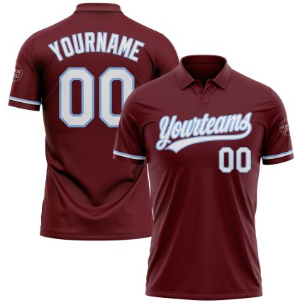 Custom Name and Number Performance Golf Polo Shirt - Personalized Burgundy White Light Blue Personalized Burgundy White-Light