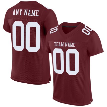 Personalized Burgundy White Football Jersey for Men, Women, Kids - Customizable Mesh Sports Apparel Personalized Burgundy