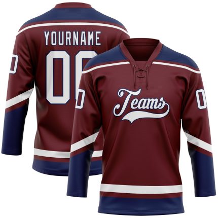 Personalized Burgundy White Navy Hockey Jersey with Lace Neck - Custom Sports Apparel Personalized Burgundy White-Navy Hockey