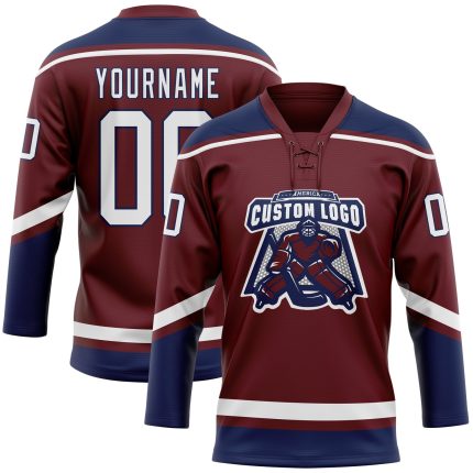 Personalized Burgundy White Navy Hockey Jersey with Lace Neck - Custom Sports Apparel Personalized Burgundy White-Navy Hockey