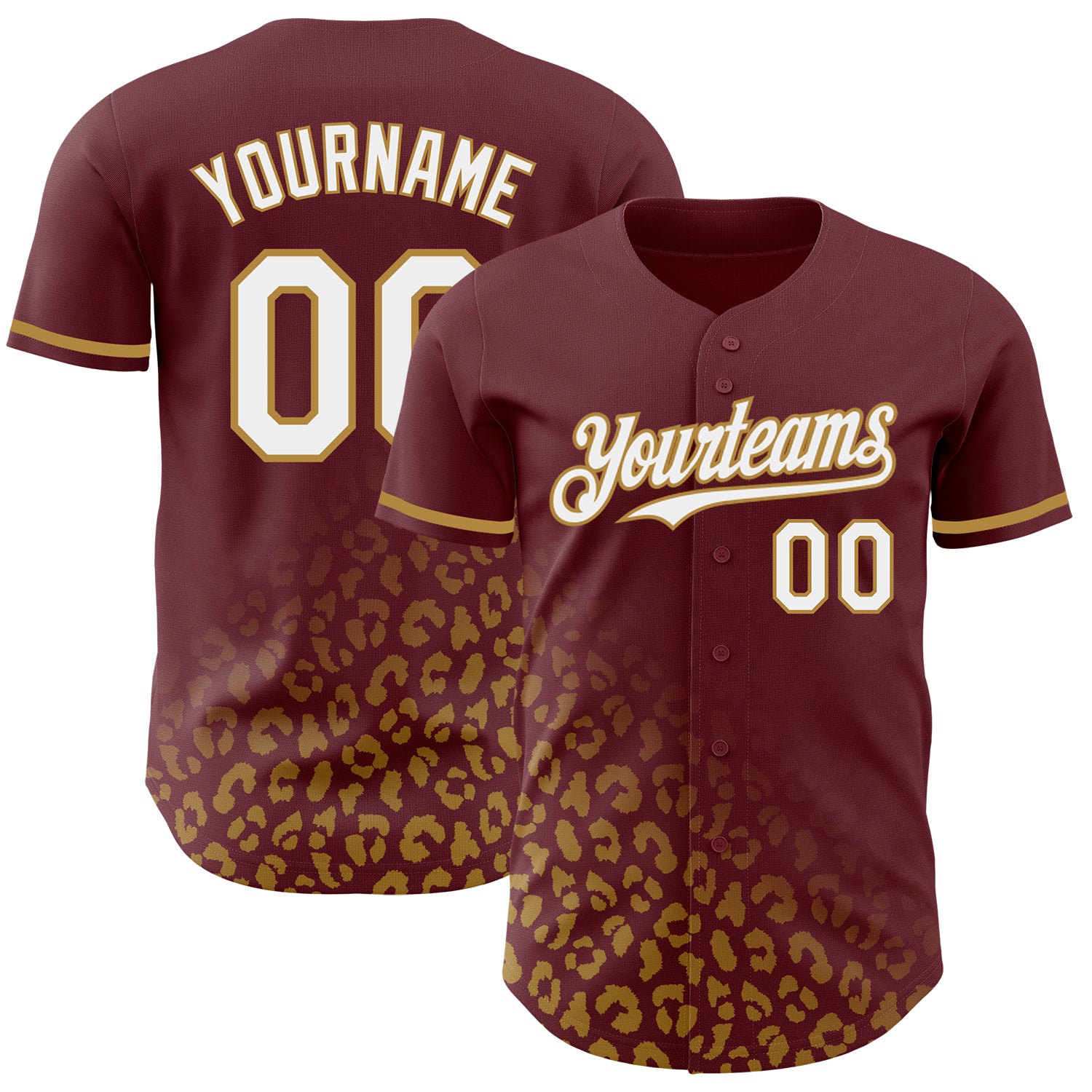 Custom Leopard Print Baseball Jersey with 3D Pattern Design in Burgundy and Old Gold - Personalized Name and Number Personalized