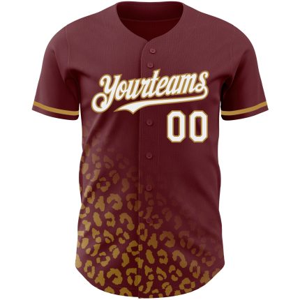 Custom Leopard Print Baseball Jersey with 3D Pattern Design in Burgundy and Old Gold - Personalized Name and Number Personalized