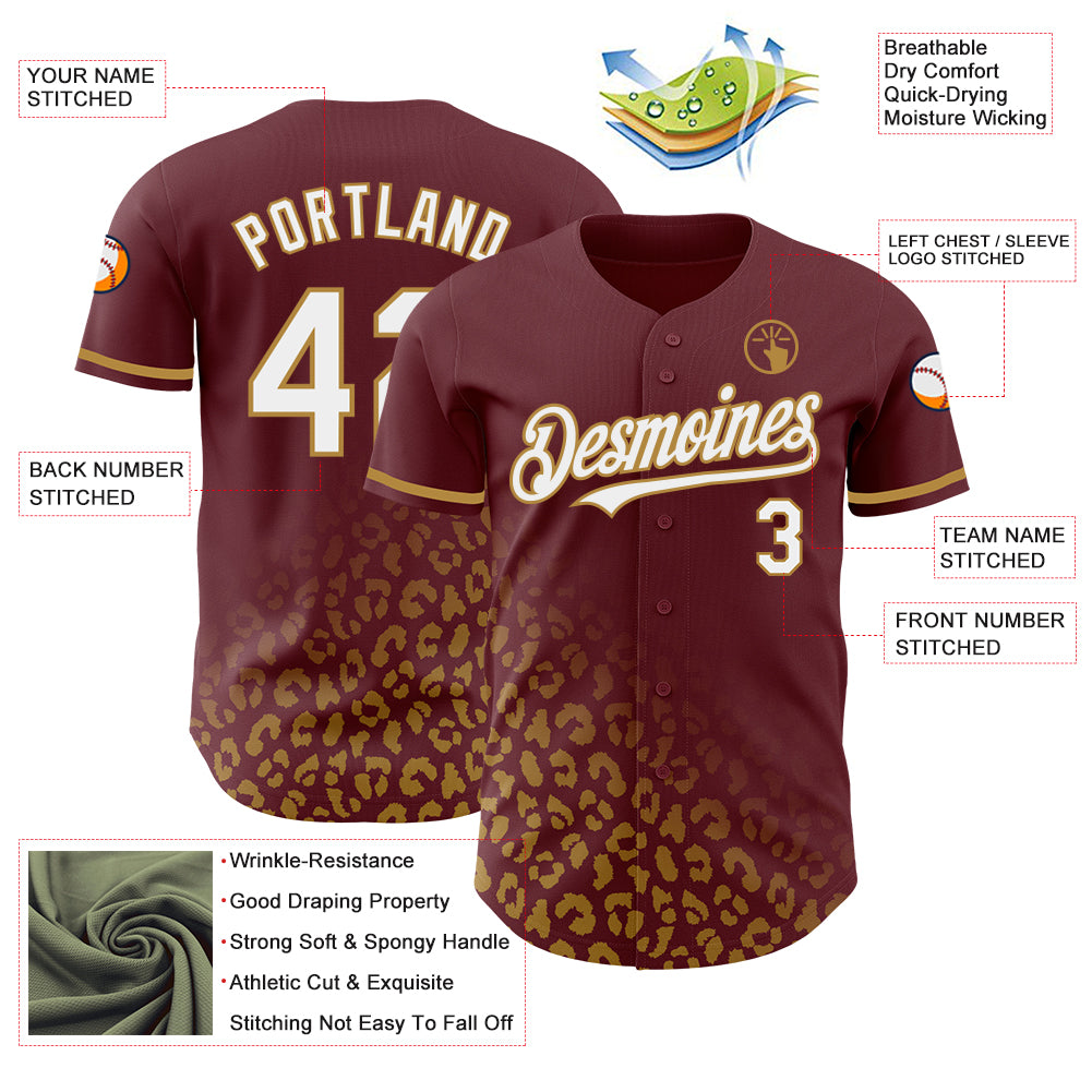 Personalized Burgundy White-Old Gold 3D Pattern Design Leopard Print Fade Fashion Authentic Baseball Jersey Team Custom Name and Number Custom Leopard Print Baseball Jersey with 3D Pattern Design in Burgundy and Old Gold - Personalized Name and Number Personalized - Image 3