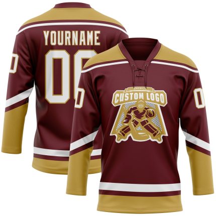Personalized Burgundy and Old Gold Hockey Lace Neck Jersey for Fans Personalized Burgundy White-Old Gold Hockey Lace Neck