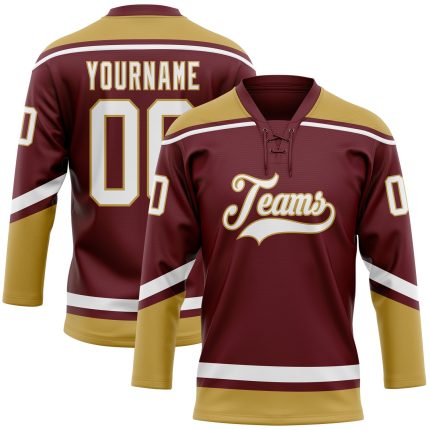 Personalized Burgundy and Old Gold Hockey Lace Neck Jersey for Fans Personalized Burgundy White-Old Gold Hockey Lace Neck