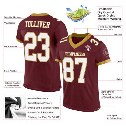 Personalized Football Jersey in Burgundy, White, and Old Gold Mesh - Authentic Design Personalized Burgundy White-Old Gold