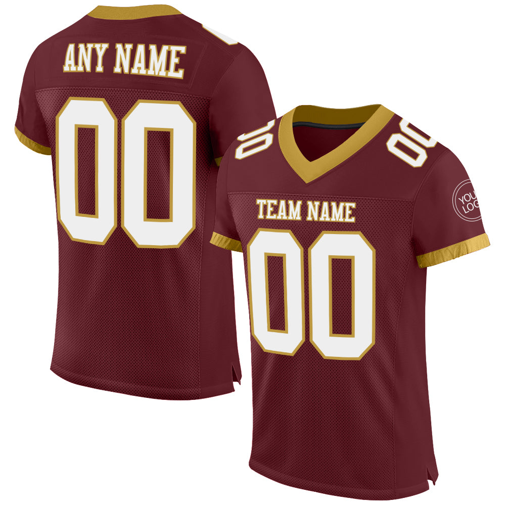 Personalized Football Jersey in Burgundy, White, and Old Gold Mesh - Authentic Design Personalized Burgundy White-Old Gold