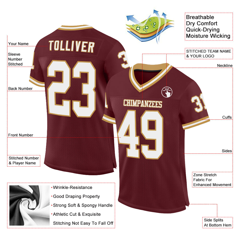 Personalized Burgundy White-Old Gold Mesh Authentic Throwback Football Jersey Team Custom Name and Number Custom Team Football Jersey - Personalized Burgundy and White Old Gold Mesh with Name & Number Personalized Burgundy White-Old - Image 2