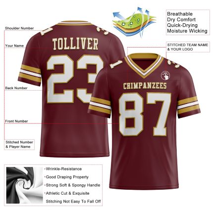 Personalized Burgundy and White Mesh Football Jersey - Custom Old Gold Design, Size 3 Personalized Burgundy White-Old Gold
