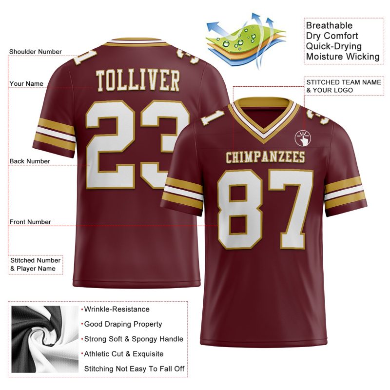Personalized Burgundy and White Mesh Football Jersey - Custom Old Gold Design, Size 3 Personalized Burgundy White-Old Gold