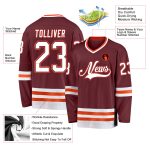 Personalized Hockey Jersey in Burgundy with White and Orange Colors Personalized Burgundy White-Orange Hockey Jersey