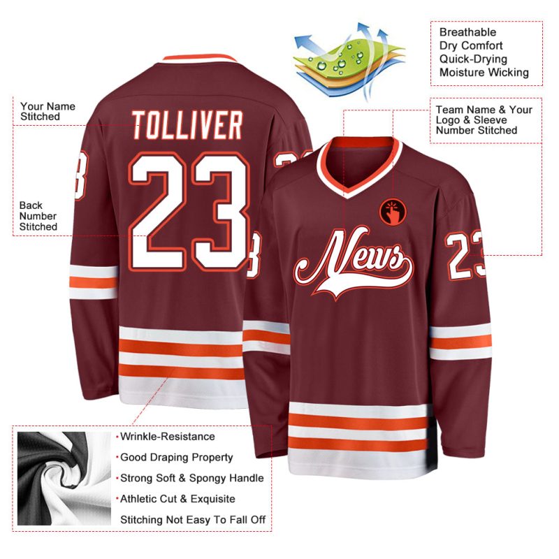 Custom Name and Number Hockey Jersey - Personalized Burgundy White Orange Team Jersey Personalized Burgundy White-Orange