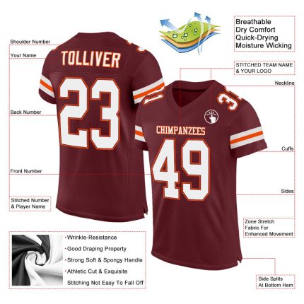 Custom Name Number Burgundy Orange White Mesh Football Jersey - Personalized Authentic Team Jersey Personalized Burgundy