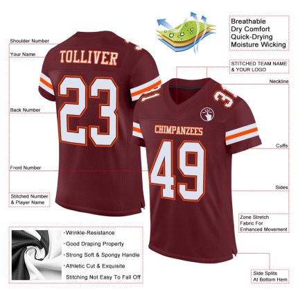 Personalized Burgundy White Orange Football Jersey for Kids - Custom Mesh 3 Personalized Burgundy White-Orange Mesh Football
