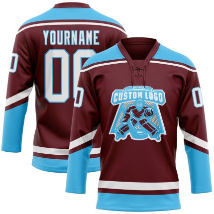Personalized Burgundy and Sky Blue Hockey Jersey with Lace Neck Personalized Burgundy White-Sky Blue Hockey Lace Neck Jersey