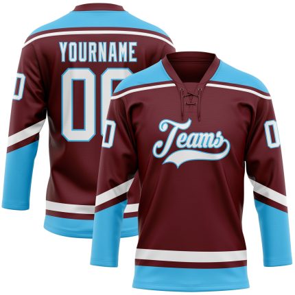 Personalized Burgundy and Sky Blue Hockey Jersey with Lace Neck Personalized Burgundy White-Sky Blue Hockey Lace Neck Jersey