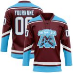 Custom Name Number Hockey Jersey Burgundy White-Sky Blue Lace Neck Personalized Team Apparel Personalized Burgundy White-Sky