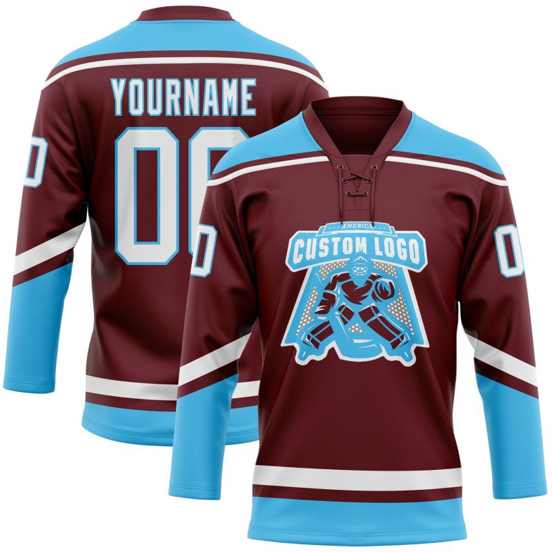 Custom Name Number Hockey Jersey Burgundy White-Sky Blue Lace Neck Personalized Team Apparel Personalized Burgundy White-Sky