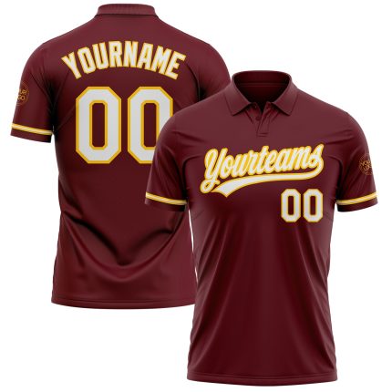 Personalized Performance Vapor Golf Polo Shirt in Burgundy and White-Yellow Personalized Burgundy White-Yellow Performance