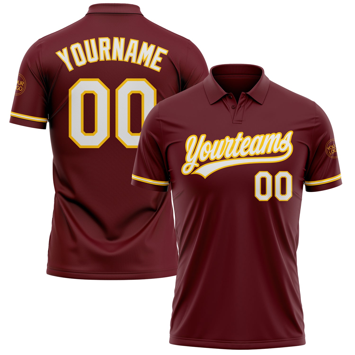 Custom Team Name Number Performance Golf Polo Shirt Burgundy White Yellow Personalized Burgundy White-Yellow Performance