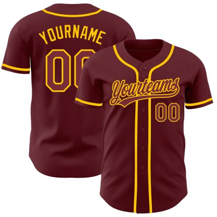 Personalized Baseball Jersey in Burgundy and Yellow, Custom Team Apparel for Men and Women Personalized Burgundy Yellow Baseball