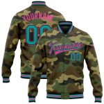 Personalized Aqua Black-Pink Camo Bomber Jacket, Full-Snap Varsity Letterman, Salute to Service Personalized Camo Aqua Black-Pink