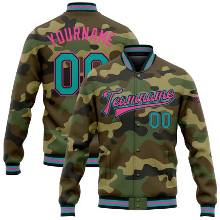 Personalized Aqua Black-Pink Camo Bomber Jacket, Full-Snap Varsity Letterman, Salute to Service Personalized Camo Aqua Black-Pink