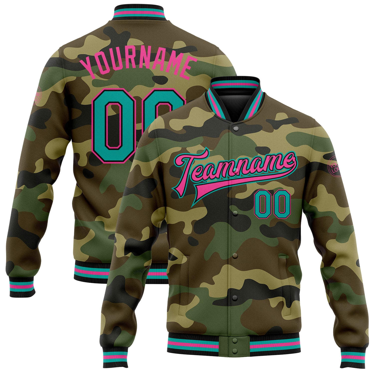 Personalized Aqua Black-Pink Camo Bomber Jacket, Full-Snap Varsity Letterman, Salute to Service Personalized Camo Aqua Black-Pink