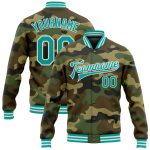 Custom Name & Number Personalized Camo Bomber Varsity Jacket - Aqua-White Salute To Service Full-Snap Personalized Camo Aqua-White