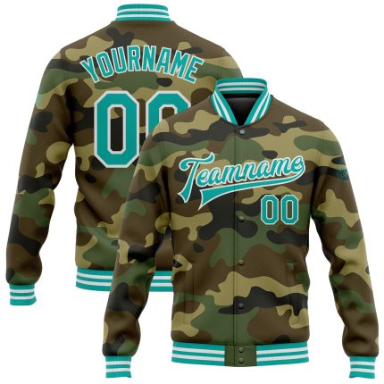 Custom Name & Number Personalized Camo Bomber Varsity Jacket - Aqua-White Salute To Service Full-Snap Personalized Camo Aqua-White