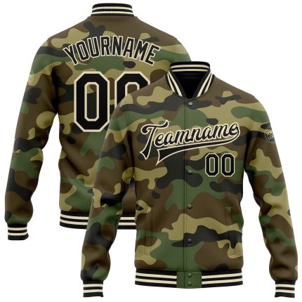 Personalized Camo Bomber Jacket Black-Cream Full-Snap Varsity Letterman Salute to Service Personalized Camo Black-Cream Bomber