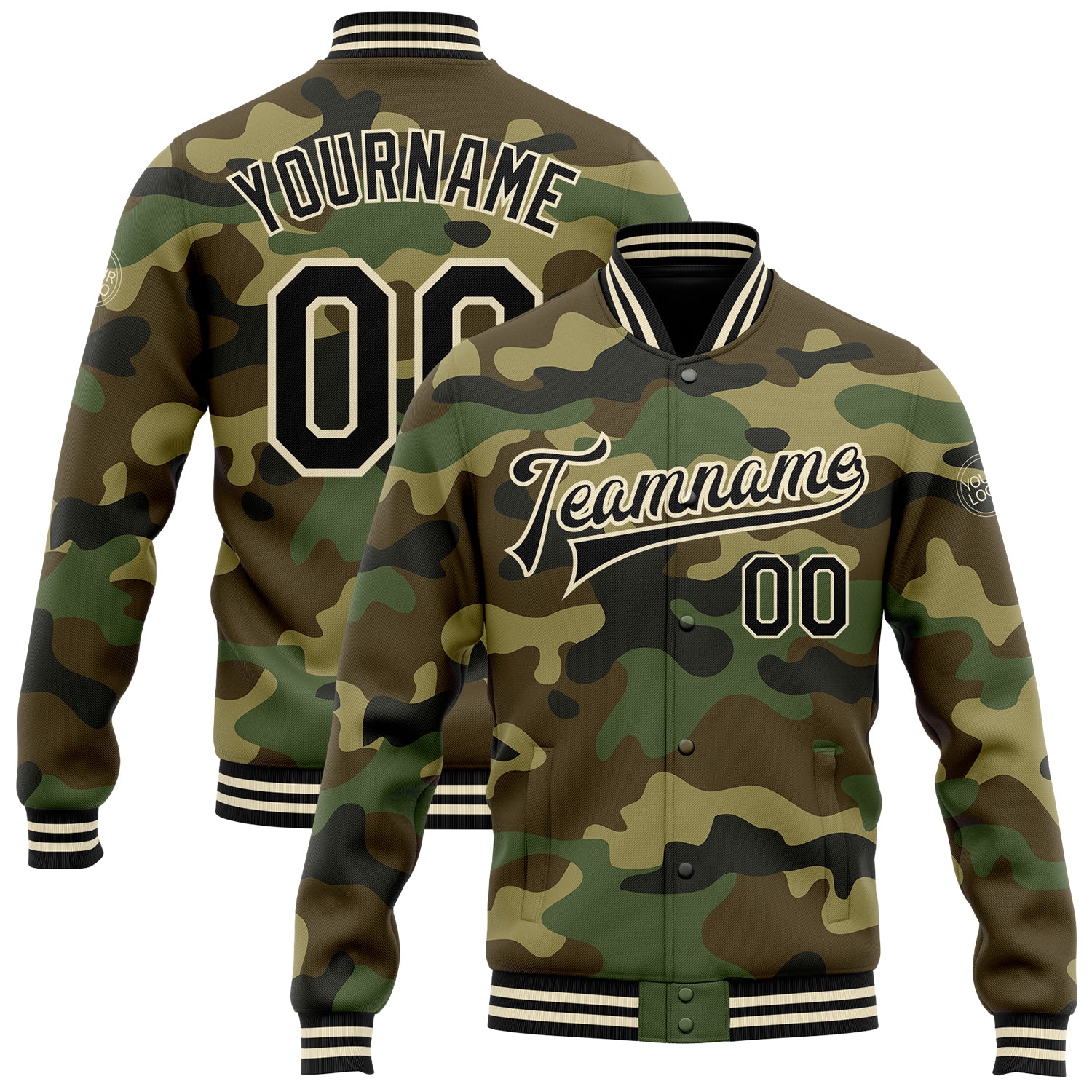 Personalized Camo Bomber Jacket Black-Cream Full-Snap Varsity Letterman Salute to Service Personalized Camo Black-Cream Bomber