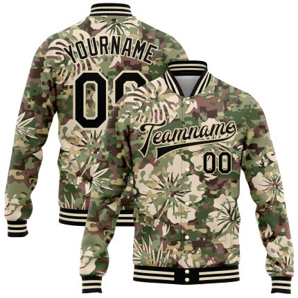Personalized Camo Hawaii Palm Leaves 3D Bomber Jacket | Black-Cream Varsity Letterman Salute To Service Personalized Camo