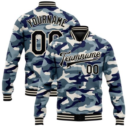 Custom Camo Black-Cream 3D Varsity Bomber Jacket, Full-Snap Letterman Salute to Service Design Personalized Camo Black-Cream