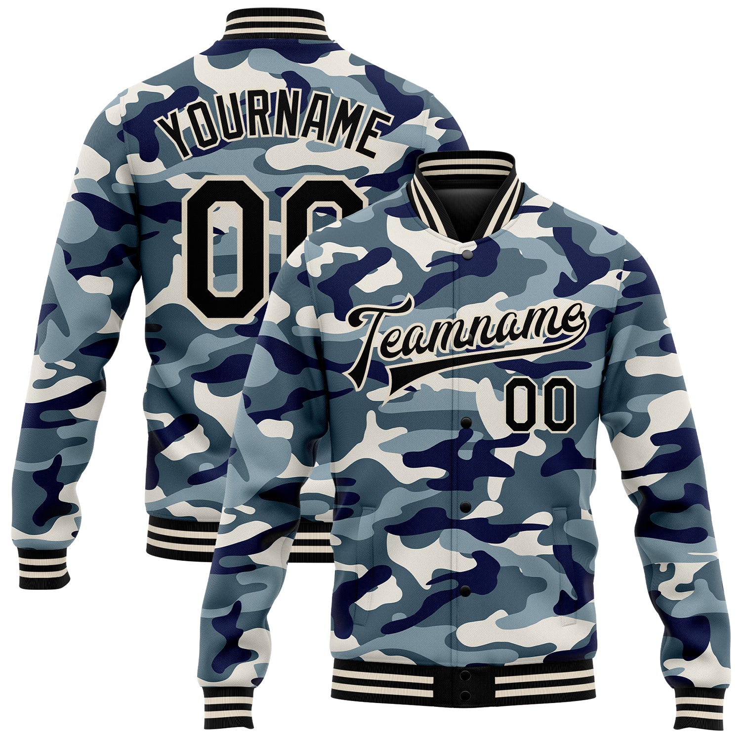 Custom Name and Number Personalized Camo Ocean 3D Bomber Jacket Salute To Service Black Cream Varsity Letterman Full-Snap