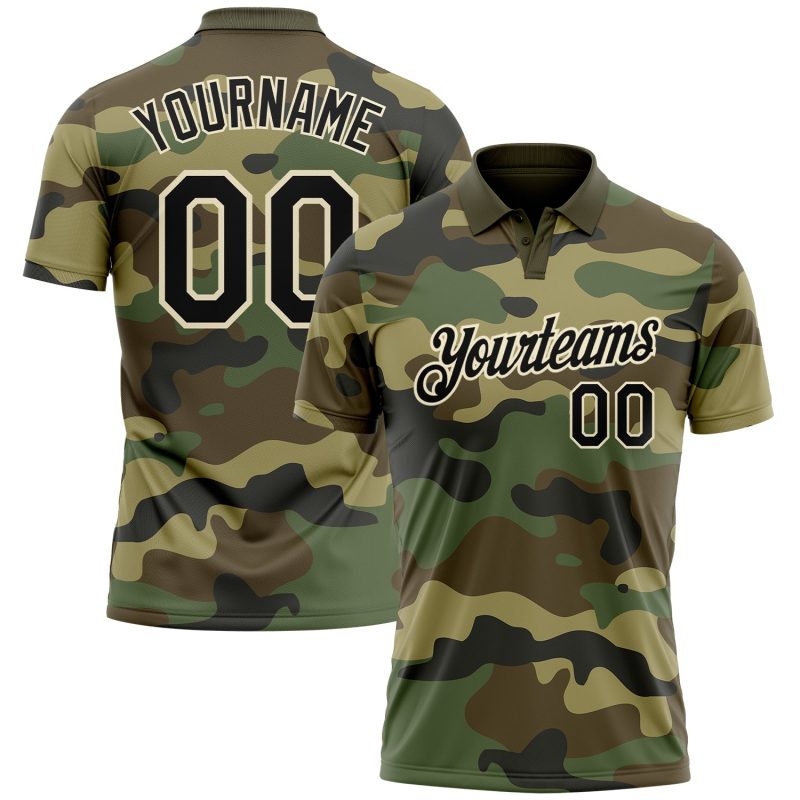 Personalized Camo Golf Polo Shirt for Men | Black-Cream Performance Salute To Service Design Personalized Camo Black-Cream