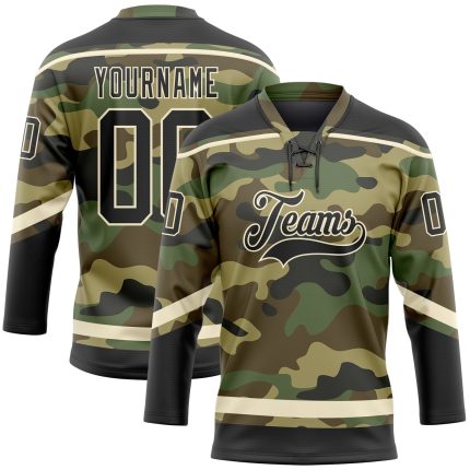 Custom Name and Number Camo Black-Cream Salute to Service Hockey Lace Neck Jersey - Personalized Team Jersey Personalized