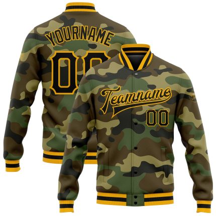 Custom Camo Black-Gold Bomber Jacket | Full-Snap Varsity Letterman Salute to Service Personalized Camo Black-Gold Bomber
