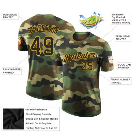 Custom Camo Black-Gold Performance T-Shirt with Name & Number - Salute to Service Design Personalized Camo Black-Gold Performance