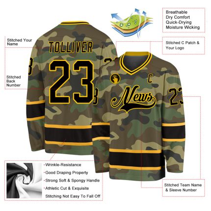 Custom Camo Black-Gold Salute To Service Hockey Jersey for Fans Personalized Camo Black-Gold Salute To Service Hockey Jersey