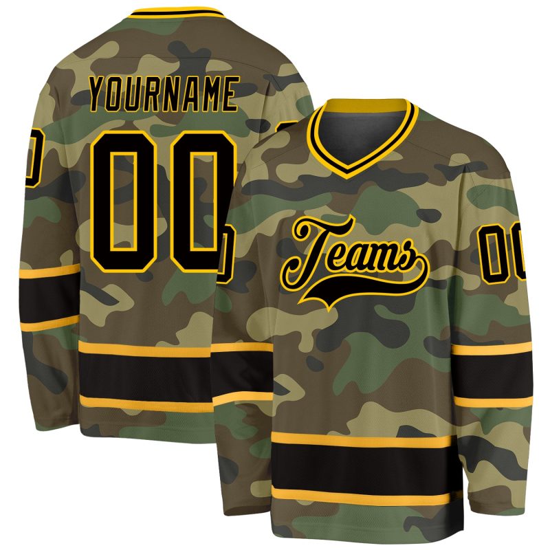 Custom Name Number Camo Hockey Jersey Black Gold Salute to Service Personalized Team Jersey Personalized Camo Black-Gold