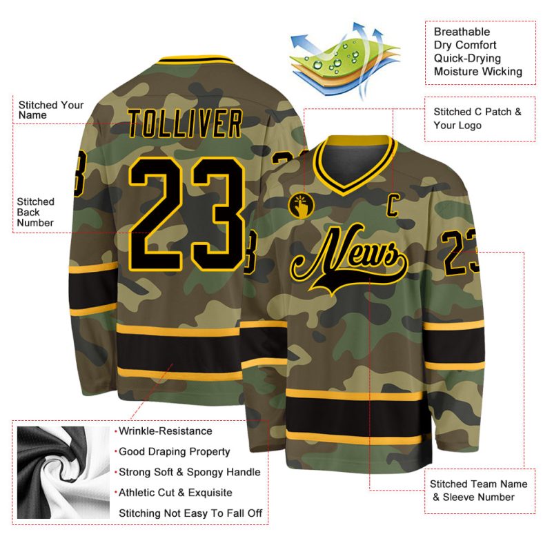 Custom Name Number Camo Hockey Jersey Black Gold Salute to Service Personalized Team Jersey Personalized Camo Black-Gold