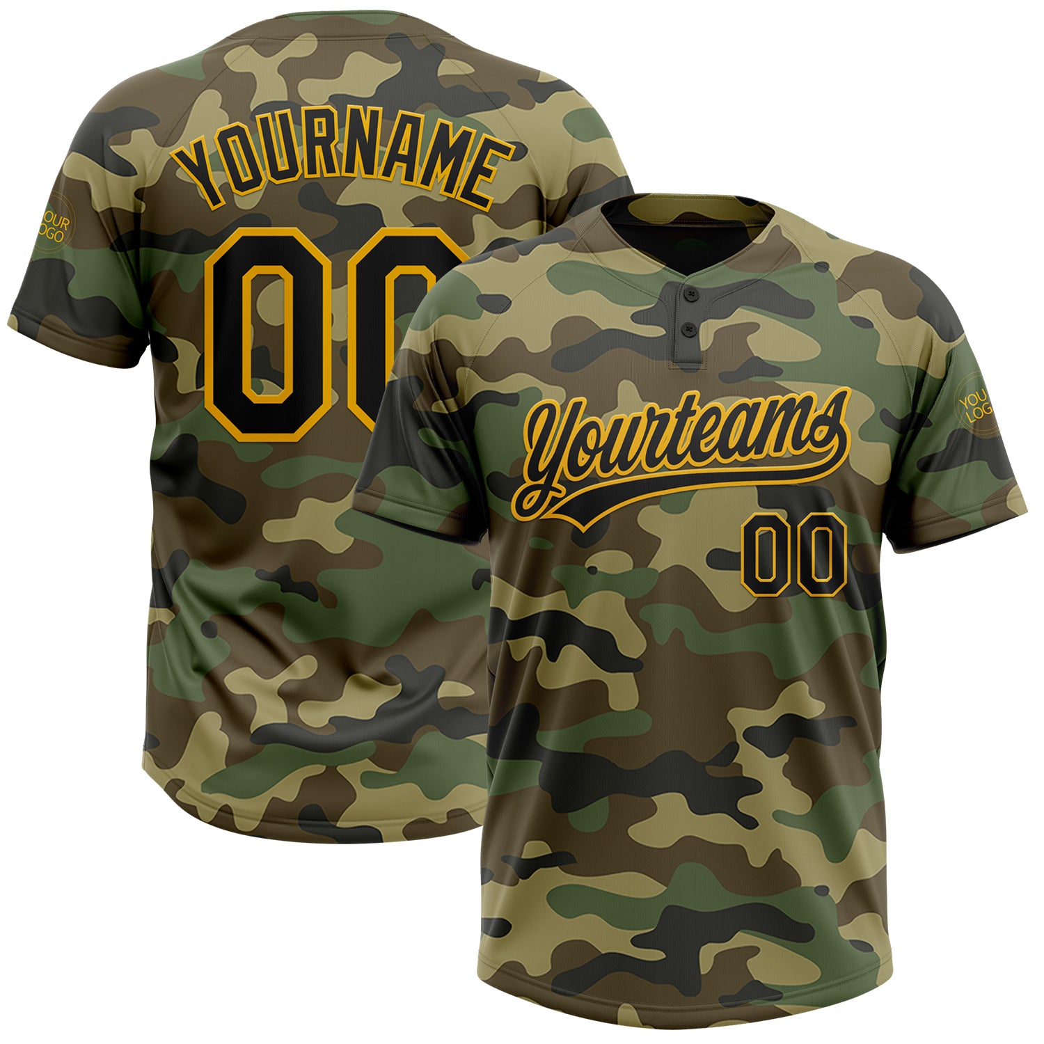 Personalized Black Gold Camo Salute to Service Unisex Softball Jersey - Custom Two-Button Design Personalized Camo Black-Gold