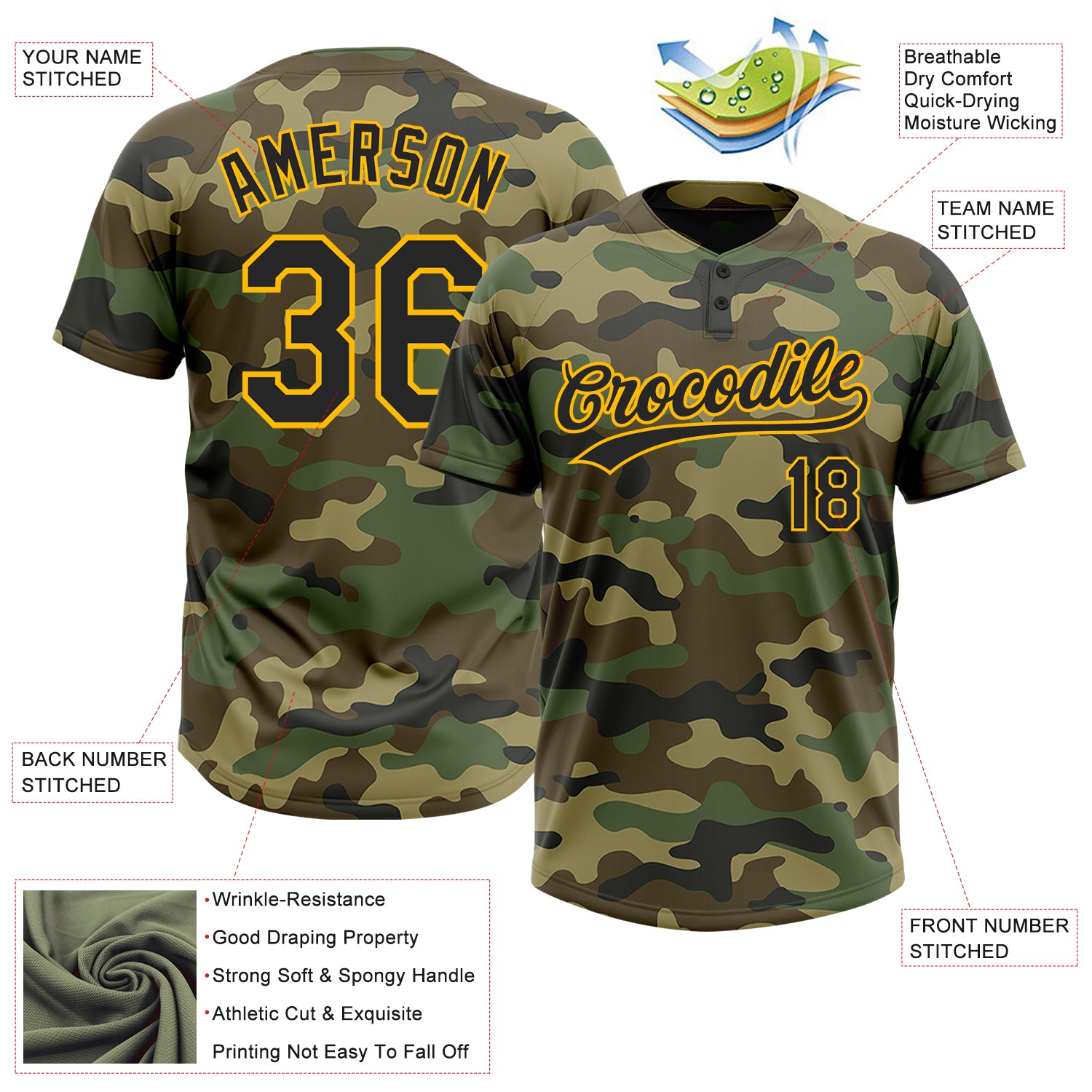 Personalized Camo Black-Gold Salute To Service Two-Button Unisex Softball Jersey Team Custom Name and Number Custom Camo Black-Gold Salute to Service Softball Jersey with Personalized Name and Number - Unisex Two-Button Design Personalized - Image 3